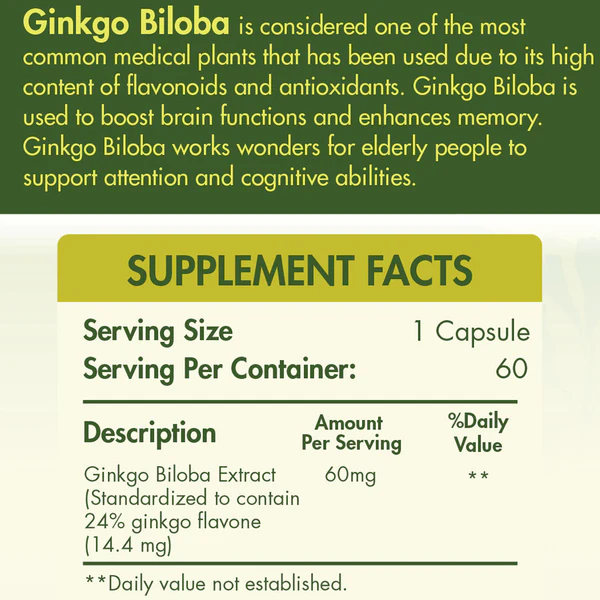 Organic Nation Ginkgo Biloba 60MG- 60Serv.-60Coated Tablets-