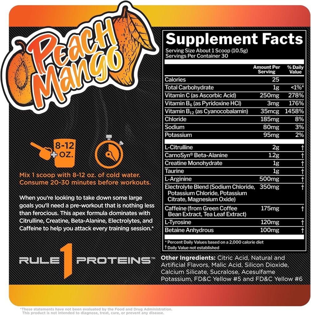 Rule 1 ROAR Pre-Workout 30 Servings- Peach Mango-