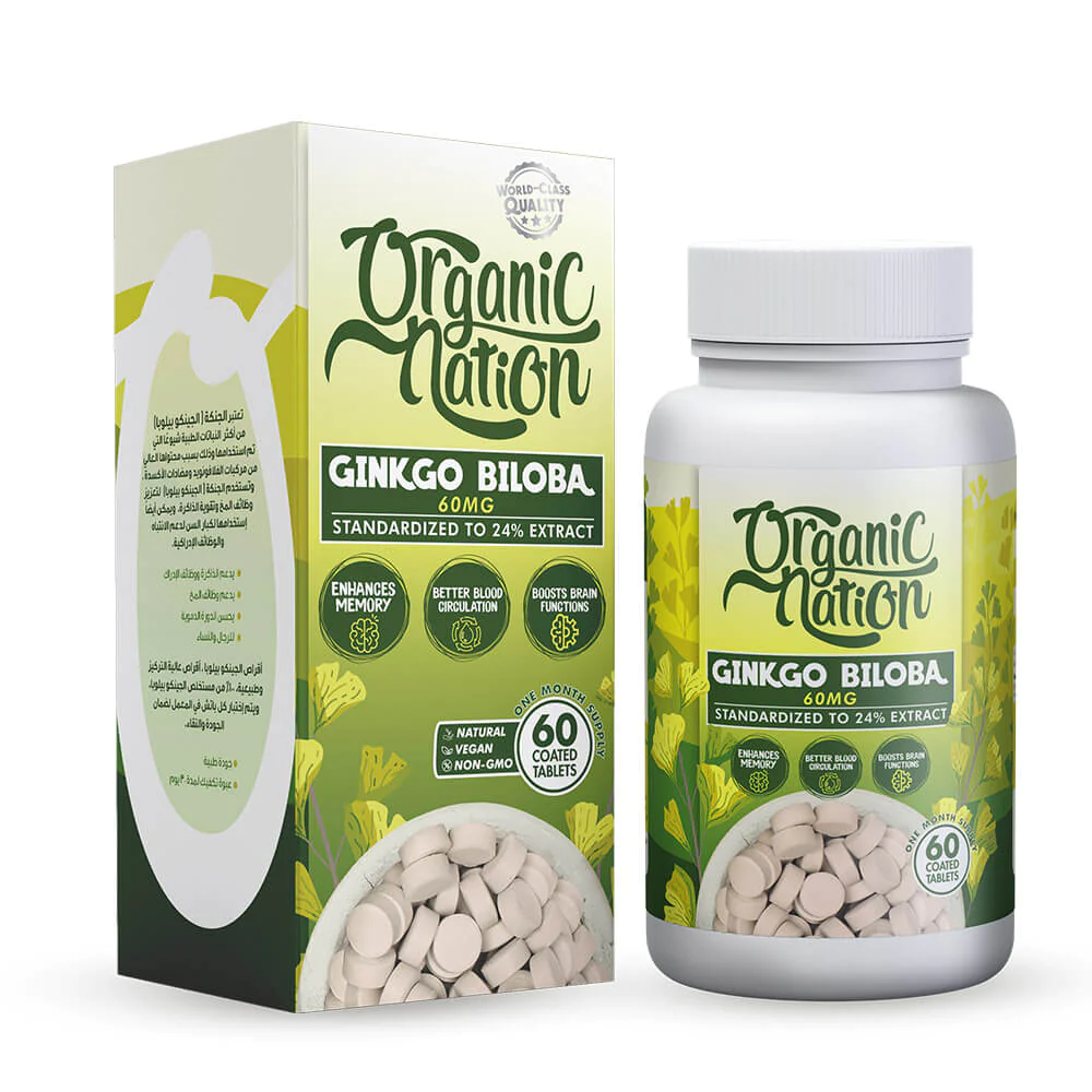Organic Nation Ginkgo Biloba 60MG- 60Serv.-60Coated Tablets