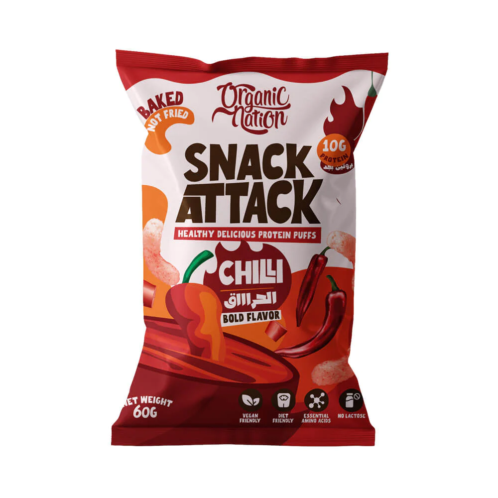 Organic Nation Snack Attack Protein Puffs-1 Ser -60G-Chilli