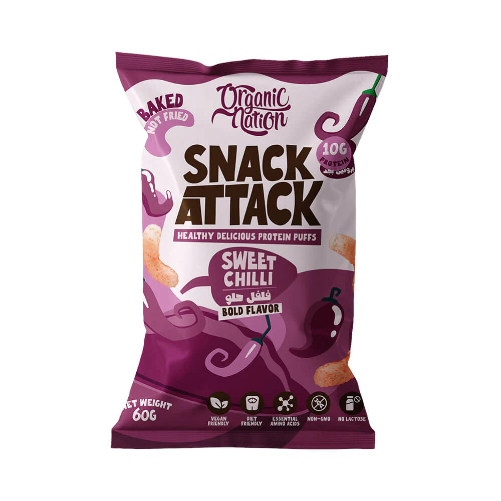 Organic Nation Snack Attack Protein Puffs-1 Ser -60G-Sweet Chilli