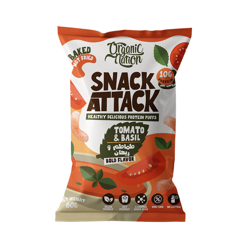 Organic Nation Snack Attack Protein Puffs-1 Ser -60G-Tamato&Basil