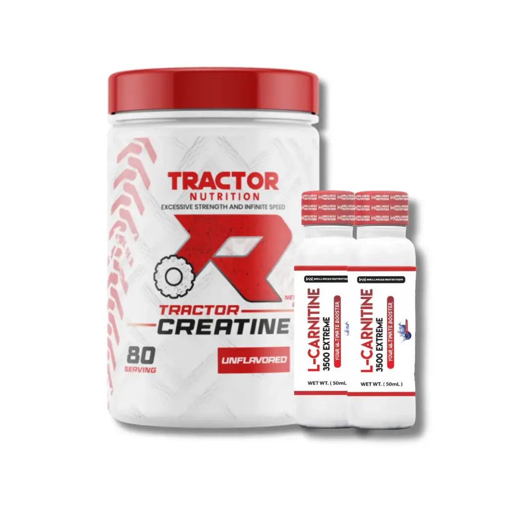 Tractor Creatine 100%Micronized Creatine 240g 80 servings + 2xWellness Nutrition L-Carnitine 3500MG Extreme Shot Ampoule-2Serv-50Ml-Blueberry 