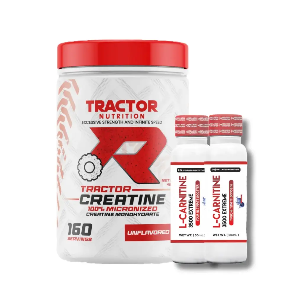 Tractor Creatine 100%Micronized Creatine 480g 160 servings + 2x Wellness Nutrition L-Carnitine 3500MG Extreme Shot Ampoule-2Serv-50Ml-Blueberry 