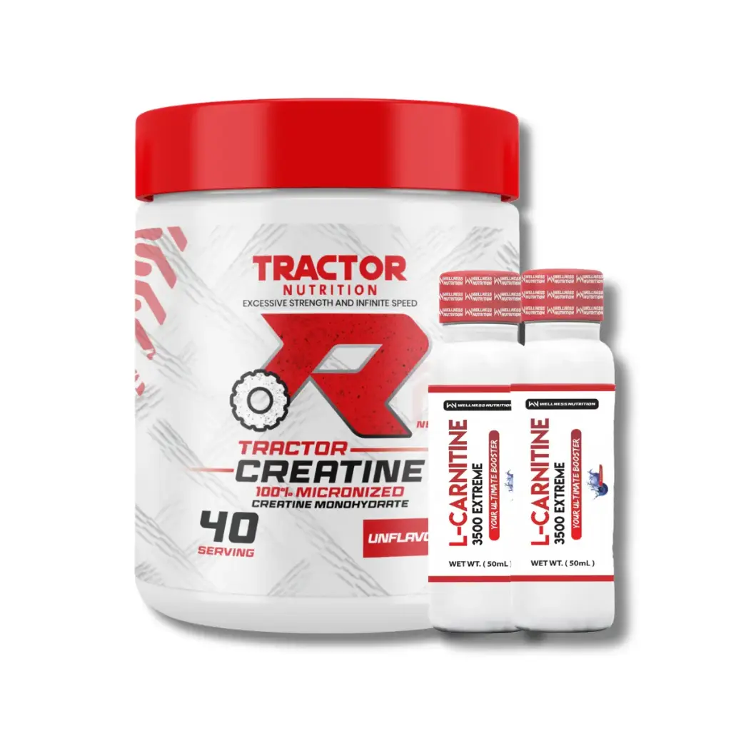 Tractor Creatine 100%Micronized Creatine 120g 40 servings + 2x Wellness Nutrition L-Carnitine 3500MG Extreme Shot Ampoule-2Serv-50Ml-Blueberry 