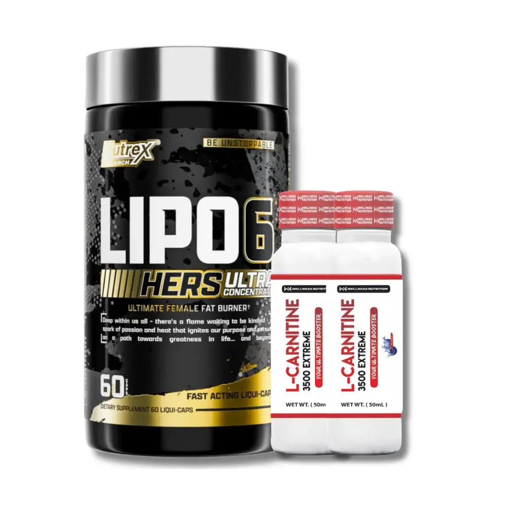Nutrex Research Lipo-6 Hers Ultra Concentrate – Women’s Fat Burner – 60 Capsules + 2xWellness Nutrition L-Carnitine 3500MG Extreme Shot Ampoule-2Serv-50Ml-Blueberry 