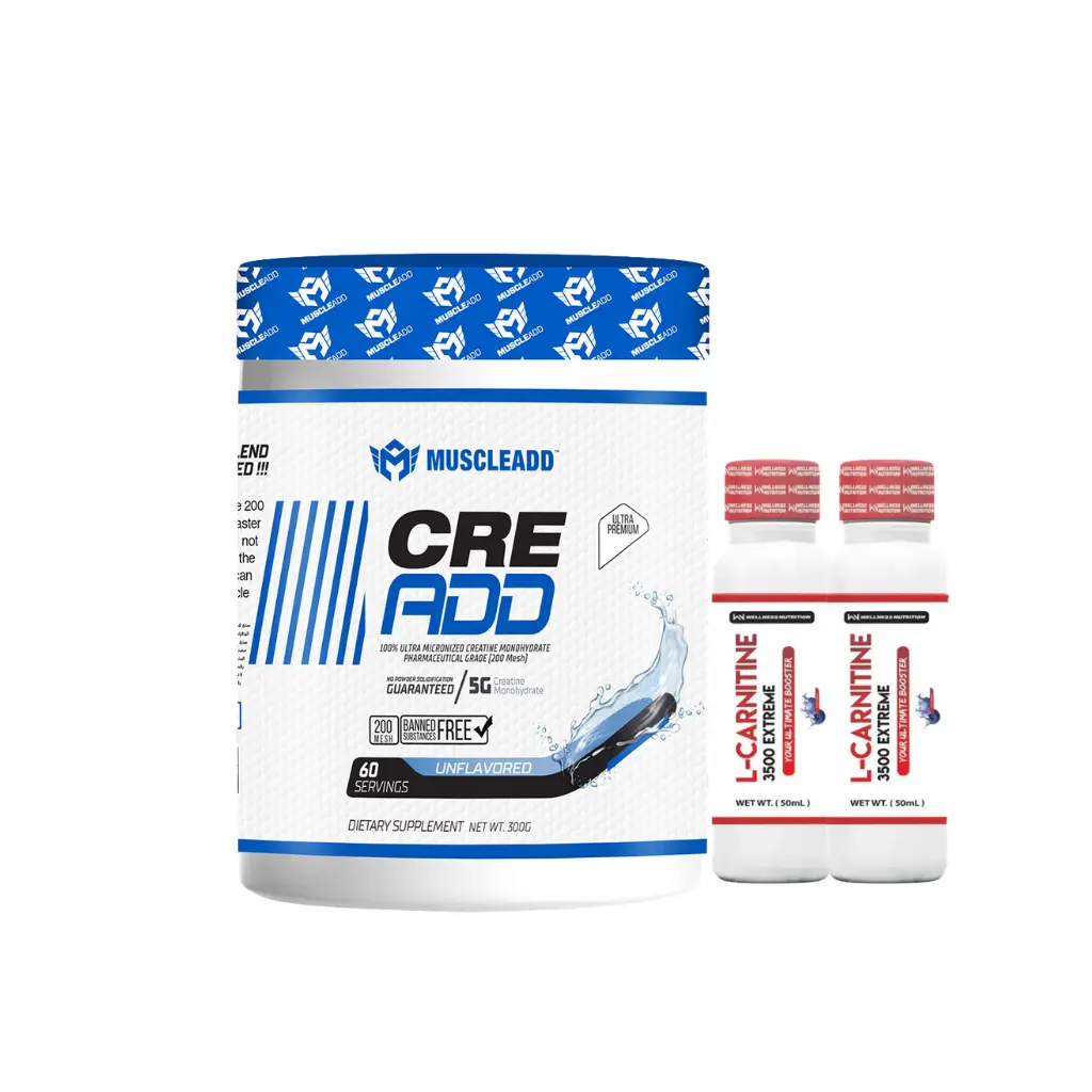 Muscle Add Cre Add-60Serv-300G- Unflavored + 2xWellness Nutrition L-Carnitine 3500MG Extreme Shot Ampoule-2Serv-50Ml-Blueberry 