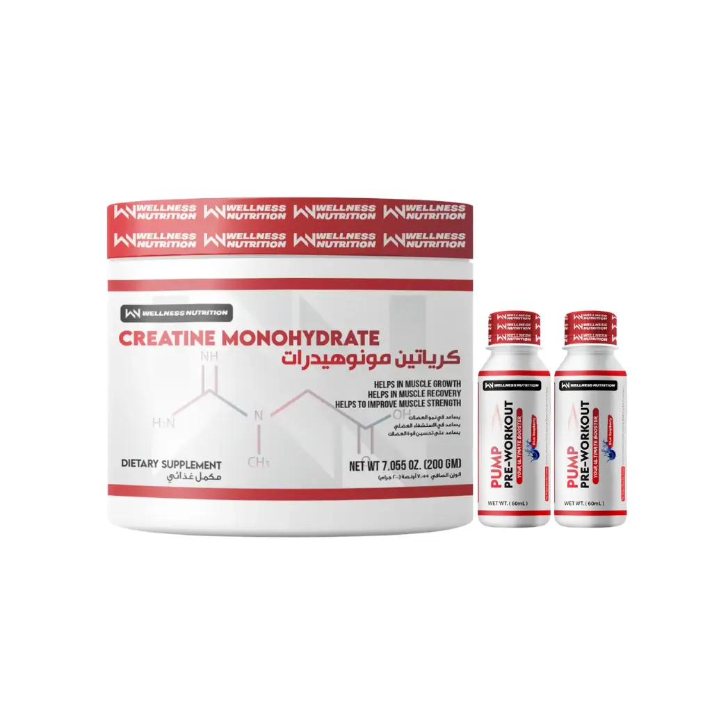 Wellness Nutrition Creatine Monohydrate-200G-40Serv.-Unflavored+2* Wellness Nutrition Pump Pre-Workout Shot-60Ml-BlueBerry
