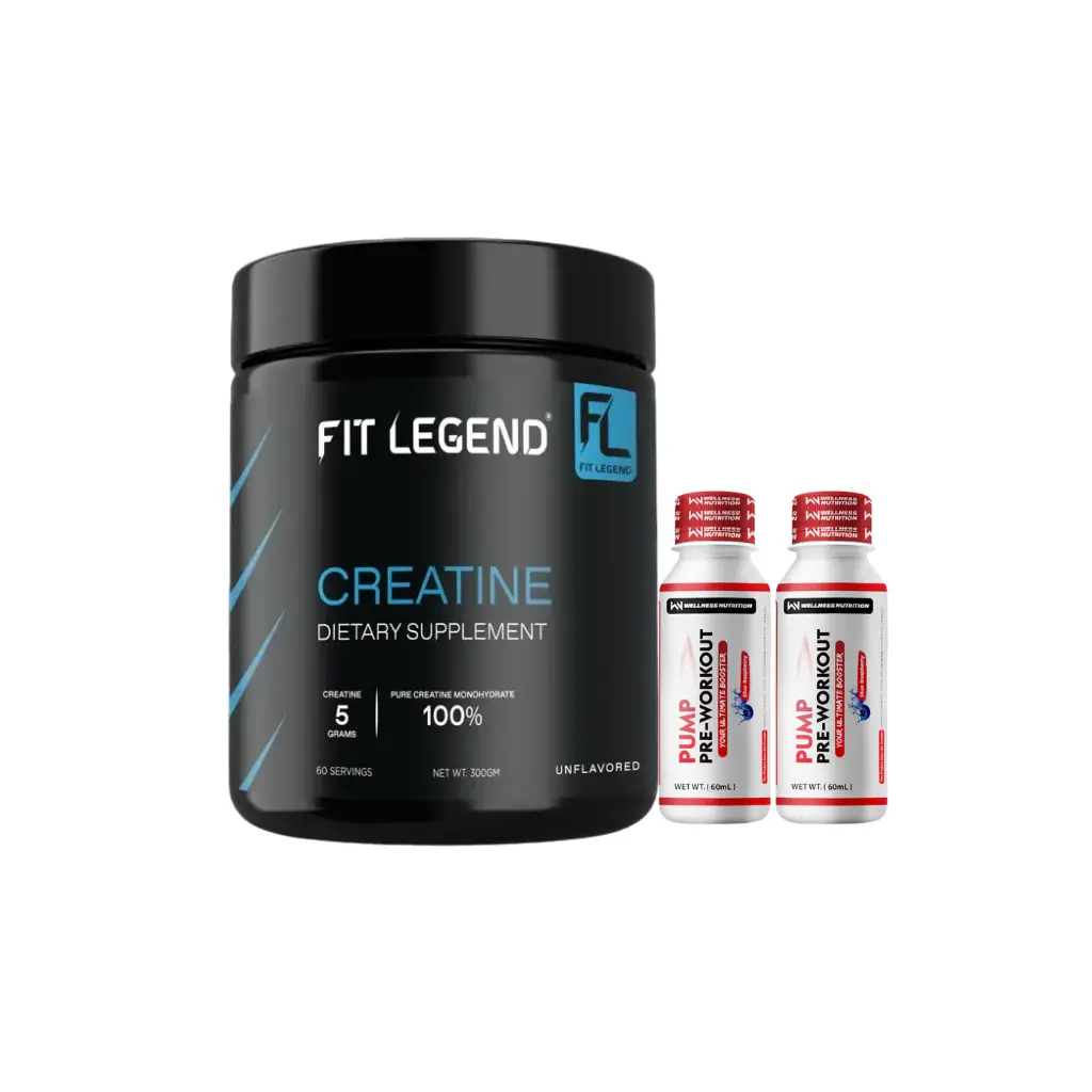 Fit Legend %100 Creatine Monohydrate-300G-60Serv.-Unflavored+ 2*Wellness Nutrition Pump Pre-Workout Shot-60Ml-BlueBerry