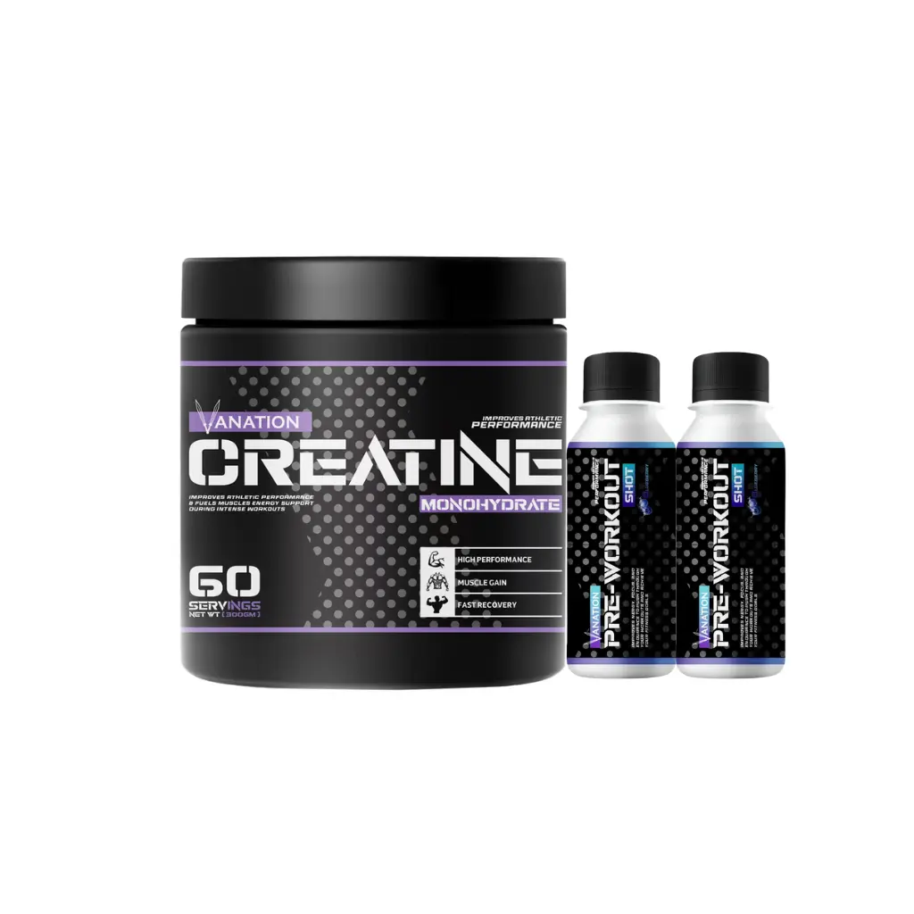 Vanation Creatine Monohydrate-300G-60 Serv.-Unflavored+ 2* Vanation Pre-Workout Pump Shot -1Serv.- 60ml-BlueBerry