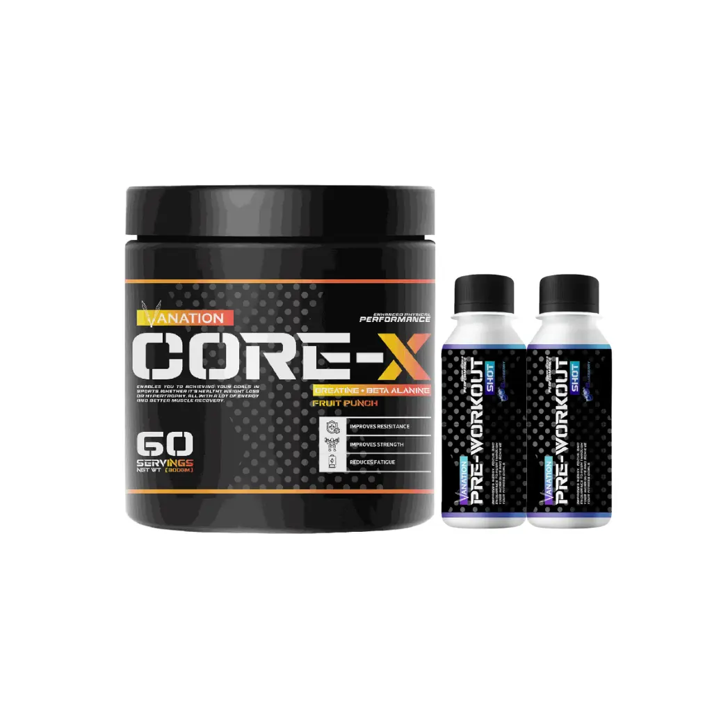 Vanation Core-X Creatine+Beta Alanine-300G-60 Serv.-Fruit Punch+ 2* Vanation Pre-Workout Pump Shot -1Serv.- 60ml-BlueBerry