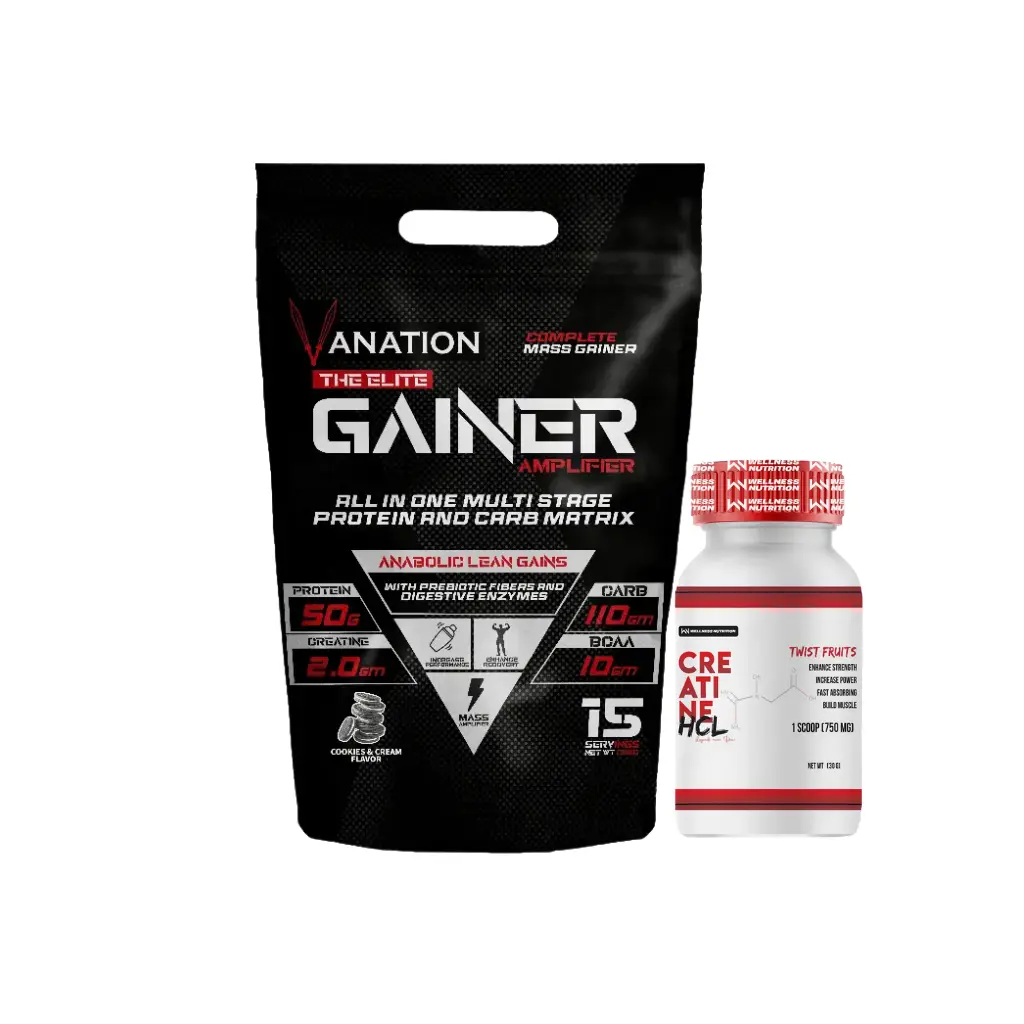Vanation Elite Gainer-3Kg-15Serv.-Chocolate & Hazelnut + Vanation Creatine HCL-30G-30 Serv.-Tropical Fruits