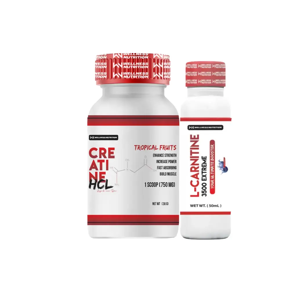 Wellness Nutrition-Creatine HCL-30G-30 Serv + Wellness Nutrition L-Carnitine 3500MG Extreme Shot Ampoule-2Serv-50Ml-Blueberry