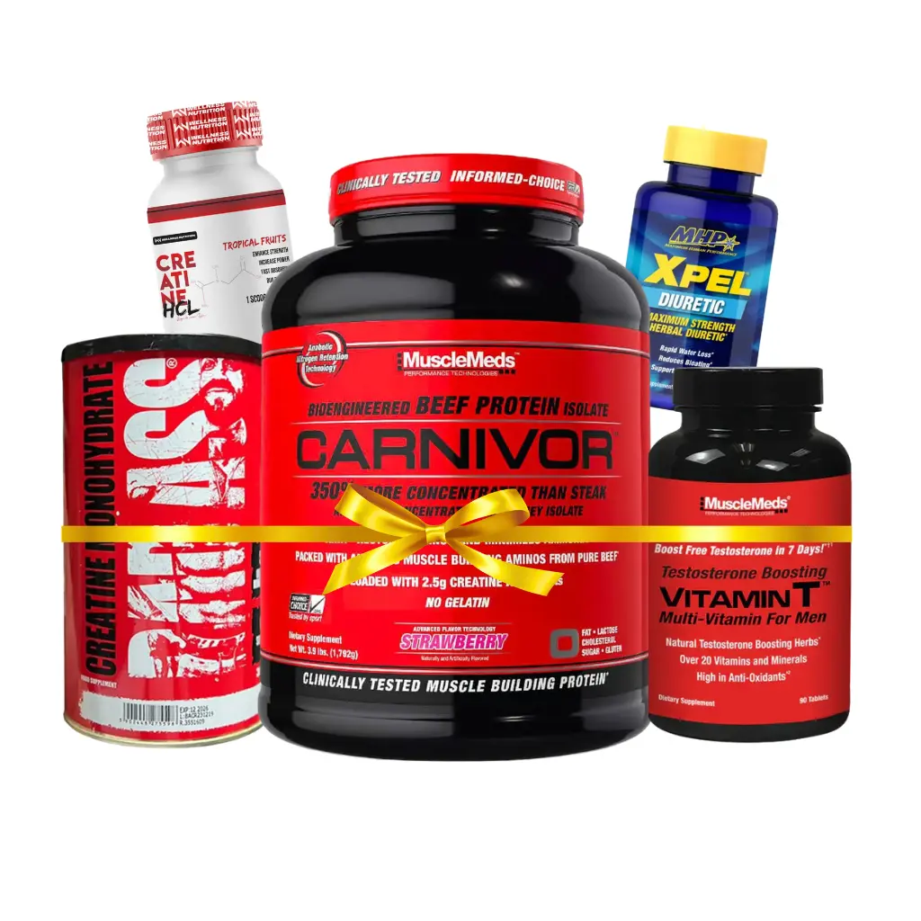 Shredding Offer 5 (Musclemeds Beef Protein isolate Carnivor-56Serv-1803G+Bad Ass Creatine -60Serv-300G-+Musclemeds Testosterone Boosting Vitamin T Multi-Vitamin For Men-30Serv.-90Tablets.+MHP Xpel Diuretic -80 Capsules+Wellness Nutrition-Creatine HCL-30G-30 Serv )