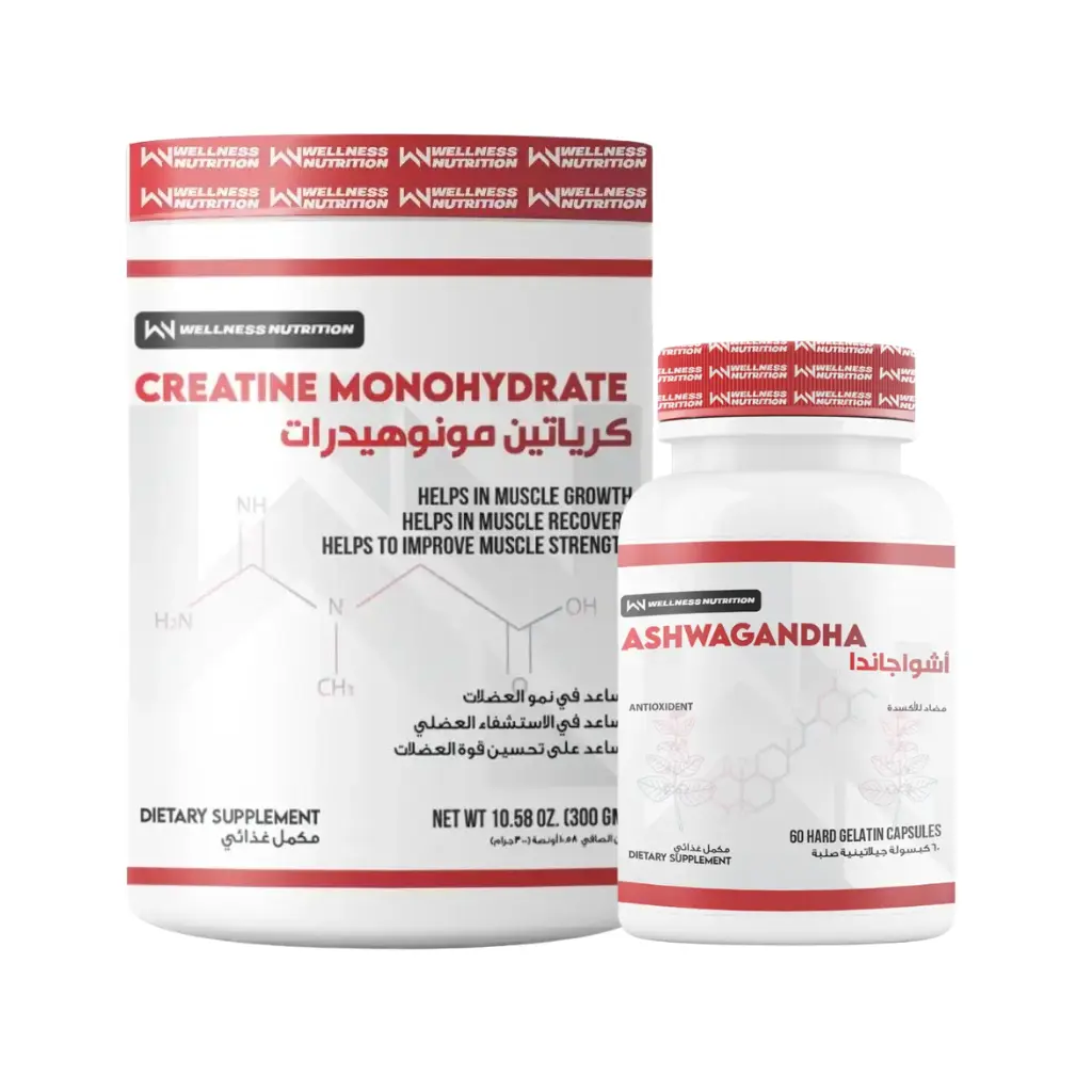 Wellness Nutrition Creatine Monohydrate-300G-60Serv.-Unflavored + Wellness Nutrition Ashwagandha-470MG-60Capsules-60Servings. 