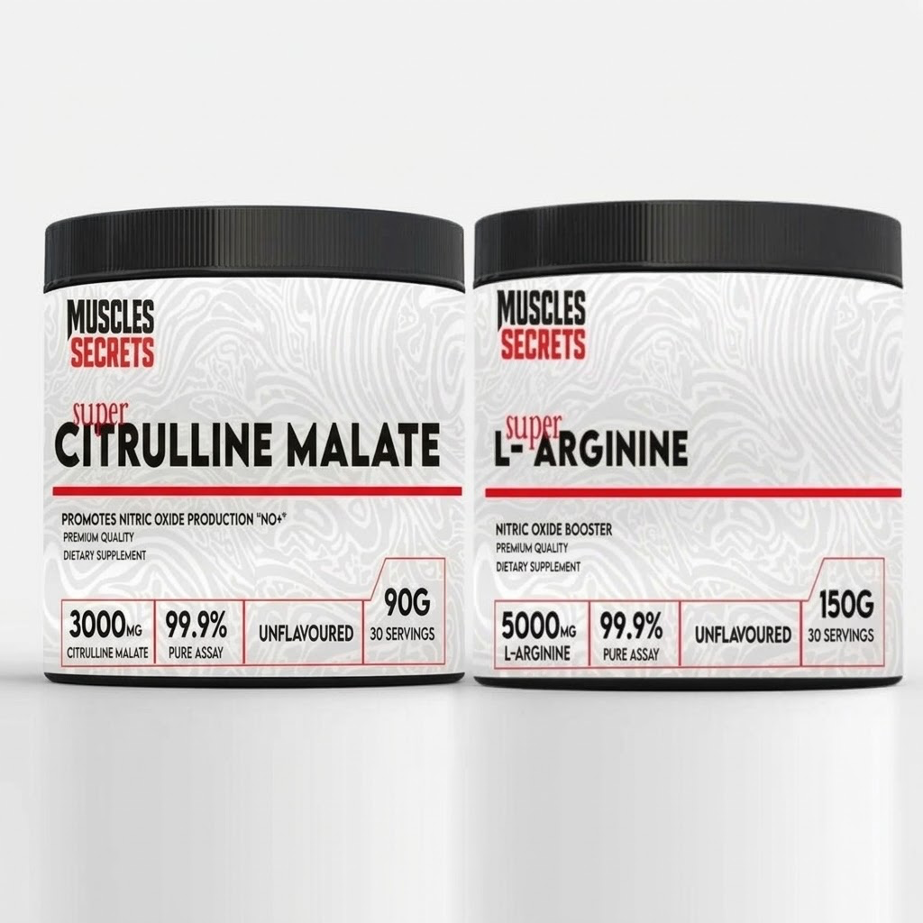 Muscles Secrets Super Citrulline Malate-90G-30Serv-Unflavoured + Muscles Secrets Super L-Arginine-150G-30Serv-Unflavoured
