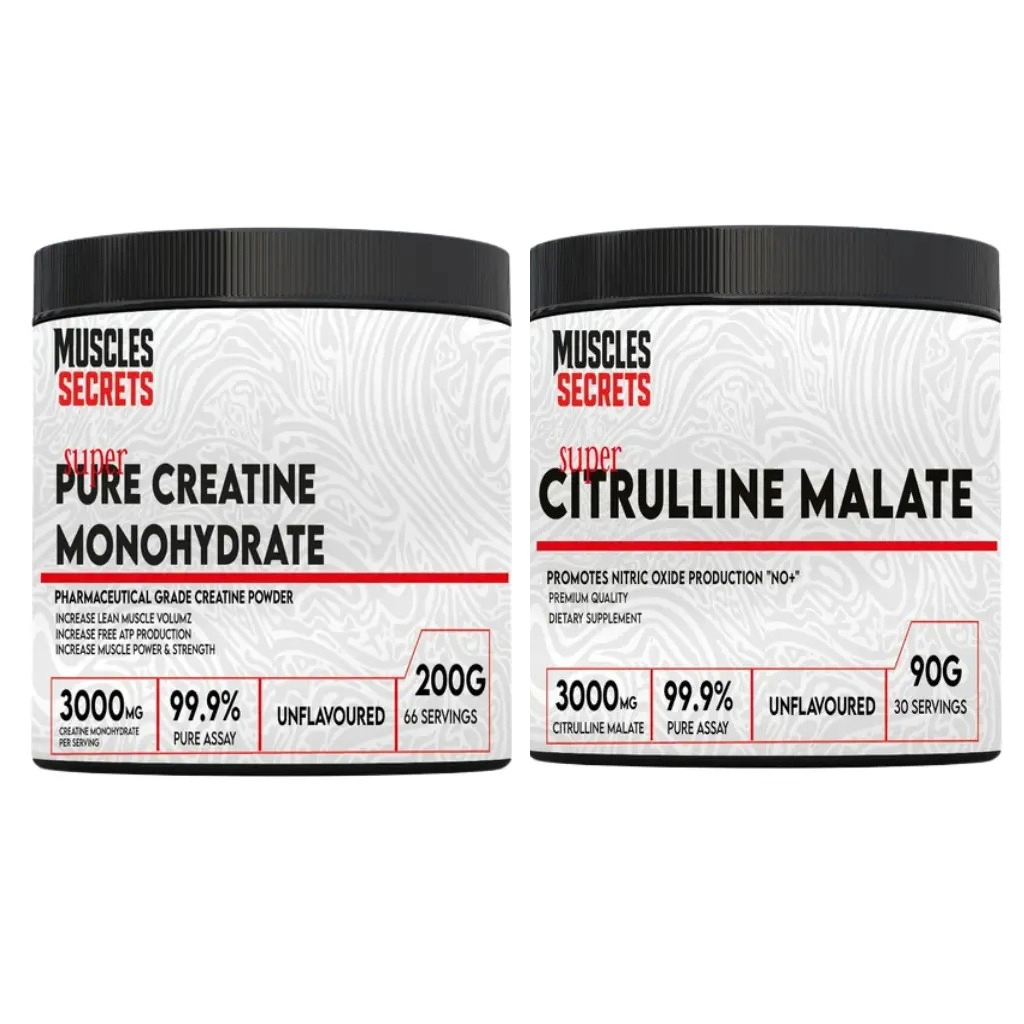 BUY ONE GET ONE Muscles Secrets Super Pure Creatine Monohydrate-200G-66Serv-Unflavoured +  Muscles Secrets Super Citrulline Malate-90G-30Serv-Unflavored